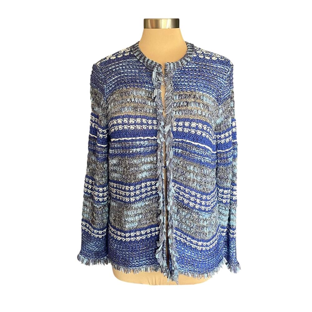 Chico's Blue White Silver Textured Cardigan Sweater Fringed‎ LARGE Casual Career